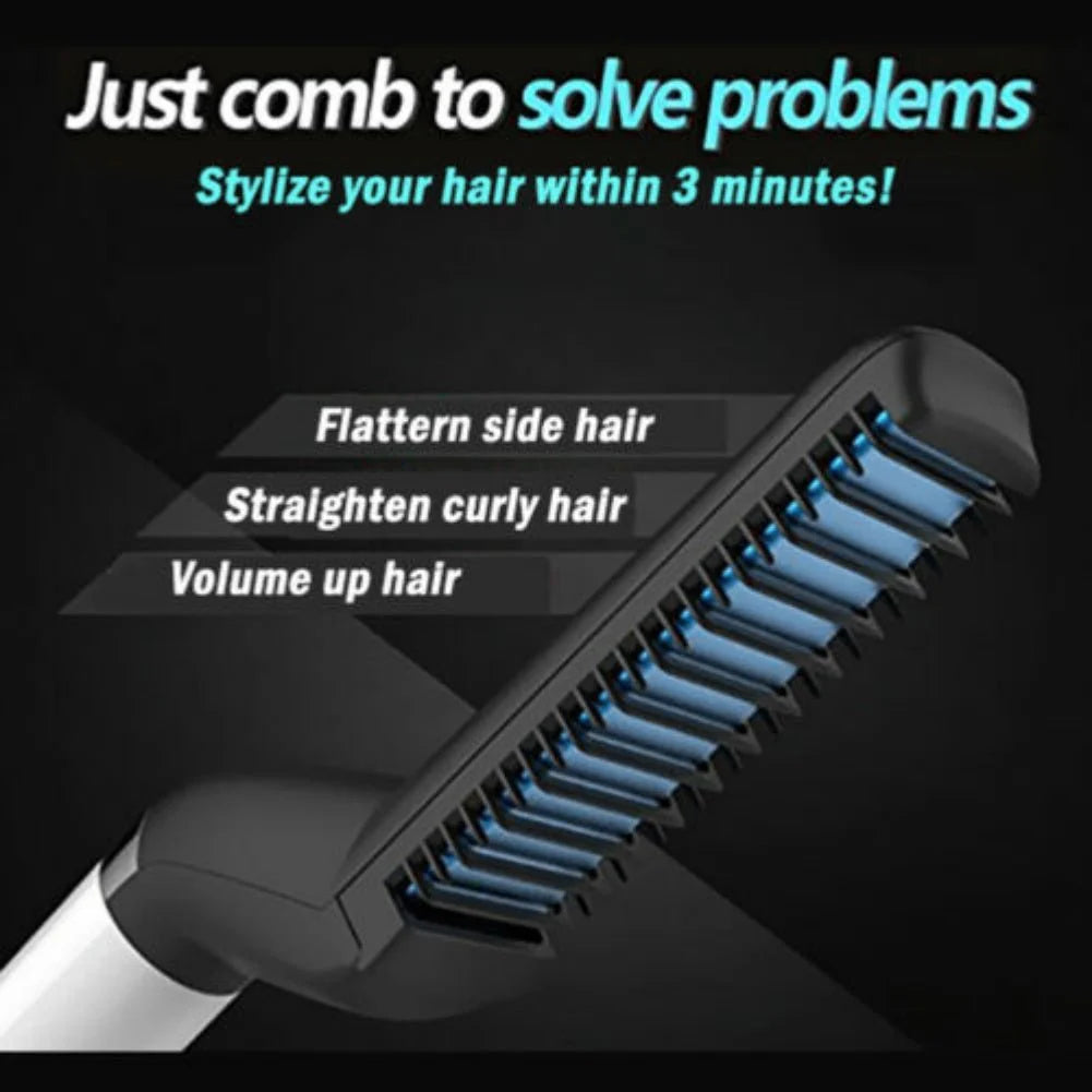 Electric Hair Straightener Brush, Men Quick Beard Straightener Styler Comb,Hair Straightening, Curly Hair Straightening Comb, Side Hair Detangling, Multifunctional Hair Curling Curler